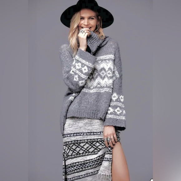 Free People Fair Isle Cowl Neck Chunky Wool Blend Gray Oversized Sweater Small - Picture 15 of 15